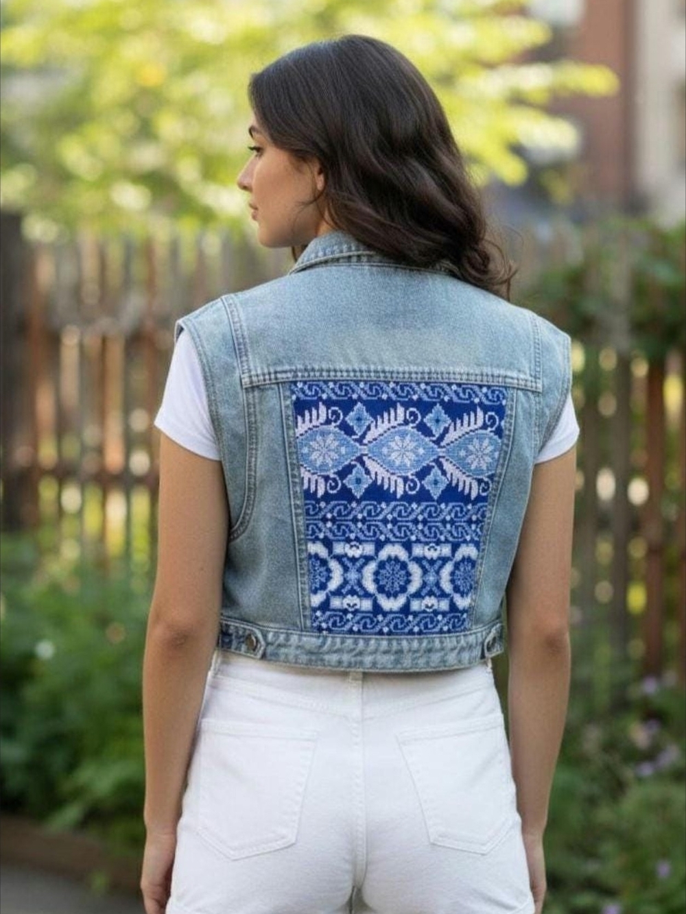 Denim Cropped Vest with Blue Embroidered Back Panel